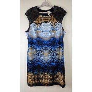 Chico's Dress Womens Size 4 Blue Gold Scroll Printed‎ Ponte Sleevelss Summer NWT